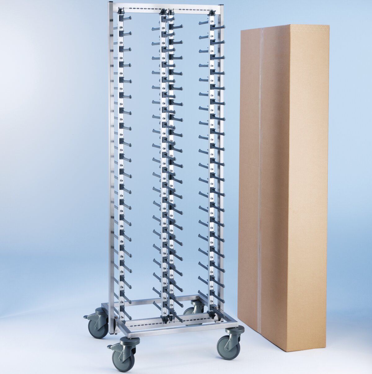 Tellerstapelsystem fahrbar / für max. 80 Teller / Rollen aus Kunststoff